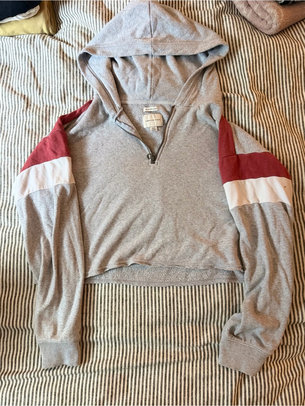 American Eagle Outfitters Gray Cropped Hoodie with Red and White Sleeve Stripes